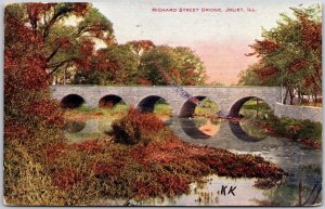 Joliet Illinois IL, 1908 Richard Street Bridge, Waterway, Trees Vintage Postcard