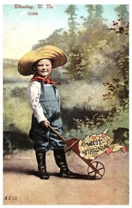 Young Boy with Wheelbarrow & West Virginia Map Postcard 1912