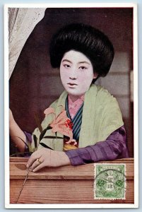 Japan Postcard Geisha Kimono Japanese Girl With Flower On Window c1910's Antique