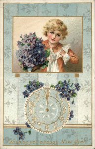 New Year's Cute Child Flowers Clock Gilt Embossed Tuck 1900s-20s Vintage PC