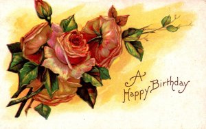 A Happy Birthday - Roses on a Yellow Background - Embossed - Posted 1912