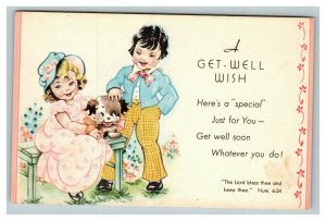 Vintage 1900's Get Well Postcard Sunshine Line Children Puppy Poem Prayer