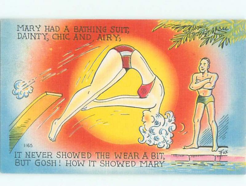 Linen Risque signed MAN ADMIRES BIKINI GIRL ON DIVING BOARD AB6374