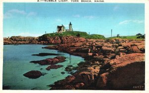 Vintage Postcard 1938 Nubble Light Rocks Ocean Lighthouse York Beach Maine ME