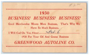1930 Business Business Business Greenwood Autoline Co. SC Postal Card