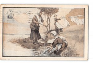 Plymouth Massachusetts MA Postcard 1912 Pilgrims Wash Day Artist Signed