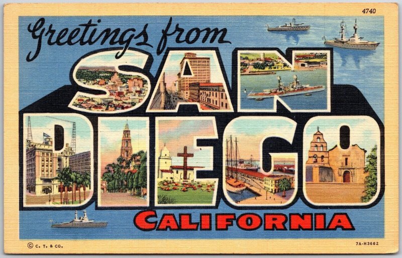 1950's Greetings From San Diego California CA Large Letter Posted Postcard