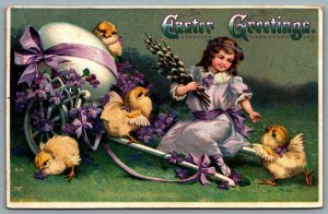 Postcard c1912 Easter Greetings Large Egg On Chariot Chicks Girl Embossed