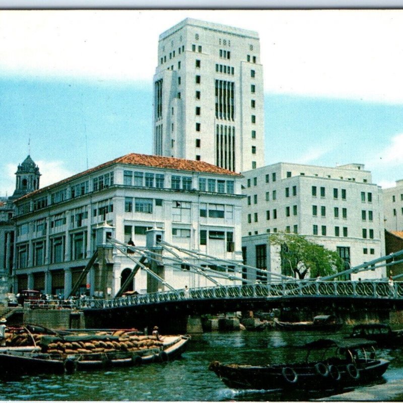 c1960s Singapore River & Cavanagh Bridge Chrome Photo Postcard Bank of China A66