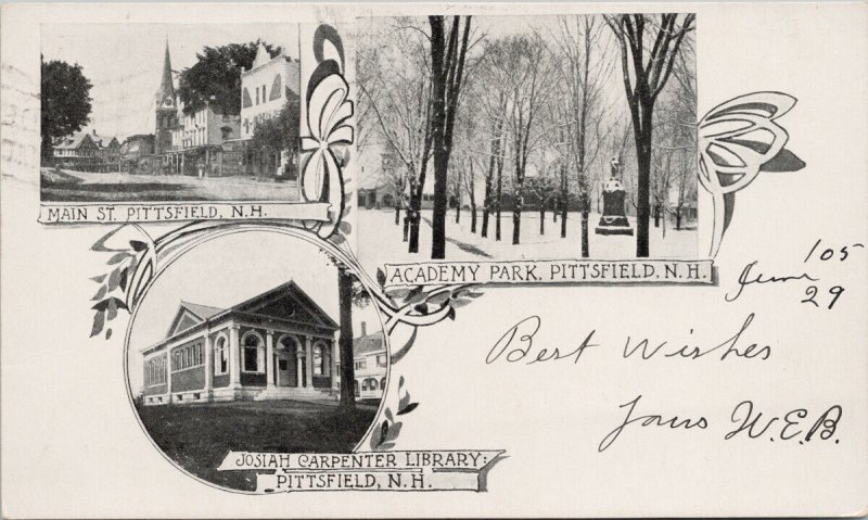 Pittsfield NH Main Street Academy Park Josiah Carpenter Library Postcard G62