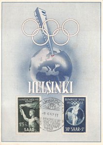 HELSINKI FINLAND OLYMPICS GERMANY SAAR B89-90 STAMP FUSSBAL SOCCER POSTCARD 1952
