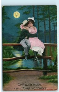 Romance Lovers Kissing Full Moon Night Can't Write Having Sex Comic Postcard D79