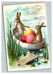 Vintage 1907 Tuck's Easter Postcard Cute Bunnies in Rowboat Take Colored Eggs