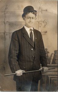 RPPC Handsome Young Man  Pinstripe Suit Derby Hat Jesse Troutman Postcard W1