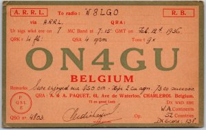 1936 QSL Radio Card ON4GU Charleroi Belgium ARRL Amateur Radio Station Postcard