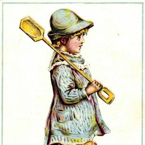 c1880s Masonic Block, Exeter, NH Trade Card Baker's Shoe Store Girl w/ Shovel C6