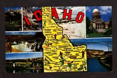 ID View of State Map IDAHO Postcard PC