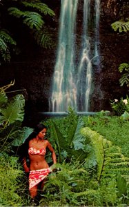 Hawaii Tropical Beauty Native Girl and Waterfall