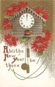 Cuckoo Clock. Poinsetia flowers Old vintage American New Year Greetings PC