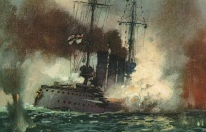 WWI German Imperial Navy Cruiser SMS Augsburg Shelling Bomb c.1914 Rare Art