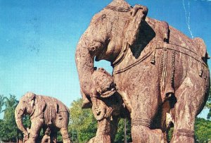VINTAGE CONTINENTAL SIZE POSTCARD WAR ELEPHANTS CARVED IN STONE INDIA (creased)