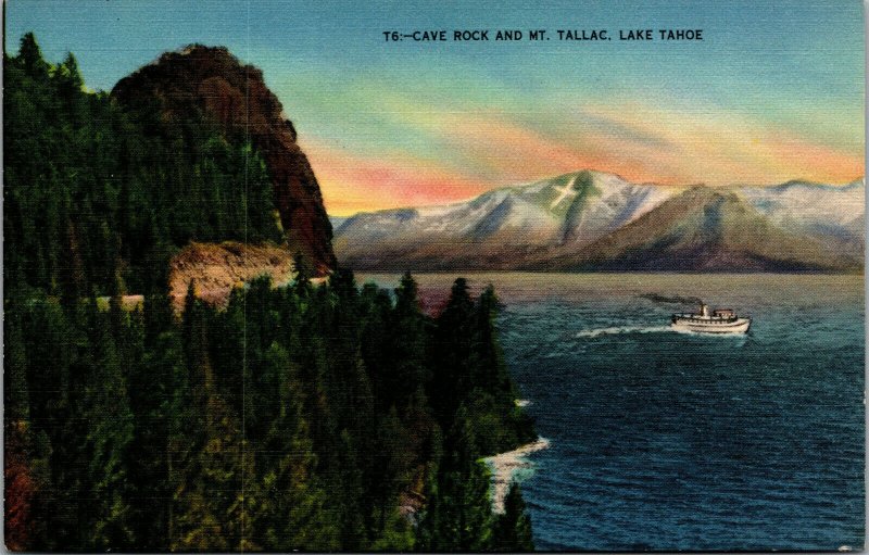 Vtg 1940s Cave Rock and Mt Tallac Lake Tahoe Nevada NV Unused Postcard