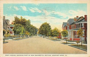 NEWPORT NEWS VIRGINIA~WEST AVENUE-PART OF NEW RESIDENTIAL SECTION~1938 POSTCARD