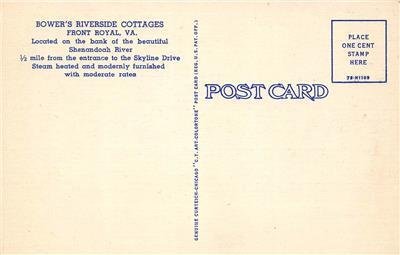 BOWER'S RIVERSIDE COTTAGES Front Royal, Virginia Roadside Linen Postcard c1940s 