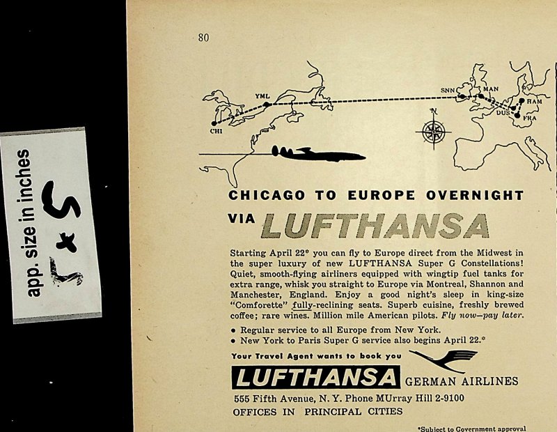 1956 Lufthansa Chicago to Europe Overnight Vintage Print Ad 6881