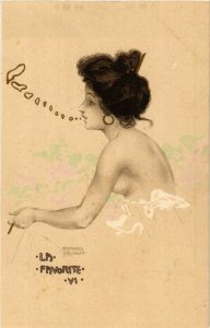 PC CPA KIRCHNER ARTIST SIGNED LADY SMOKING LA FAVORITE ART NOUVEAU D-10(b17218)