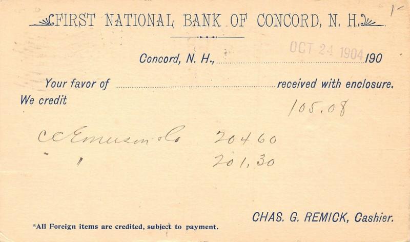 Concord NH 1st Natl Bank ReceiptRemickWM Carr Bradford EsqEmerson & Co 1904