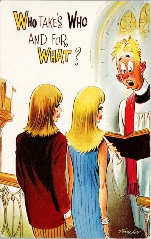 Marriage Wedding Comic Humour 'Who Takes Who' Long Blond Hair Postcard G72