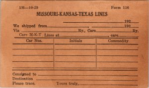 UX 27 Jefferson Postal Card Missouri Kansas Texas Lines railroad freight