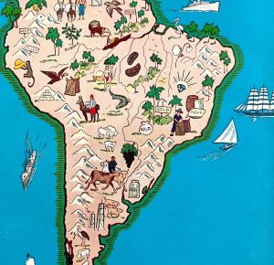 South America Pictorial Interpretive Map 1940s Geographic History Print Art DWT7