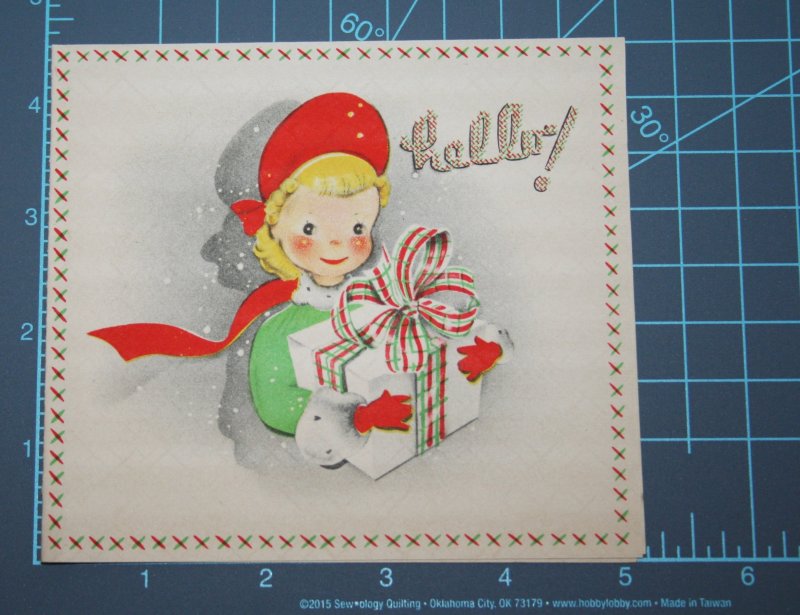 VINTAGE 1940s WWII ERA Christmas Greeting Card Art Deco HELLO Girl & Gift