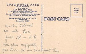 Salt Lake City UTAH MOTOR PARK Roadside Sign 1940s Linen Vintage Postcard