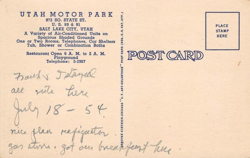 Salt Lake City UTAH MOTOR PARK Roadside Sign 1940s Linen Vintage Postcard