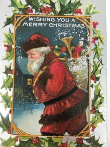 Santa Claus Toys Bugle Merry Christmas Postcard Xmas Bag of Toys