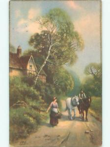 Unused Pre-Linen foreign signed EUROPEAN GIRL WITH BASKET WALKS BY HORSES J4333