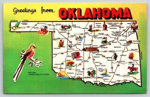 State Map~Greetings From Oklahoma~Hollis~Fairview~Eufaula~Medford~1950s Postcard