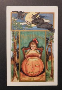 Mint USA Picture Postcard Halloween Child with Pumpkin Carved Witch Black Cat