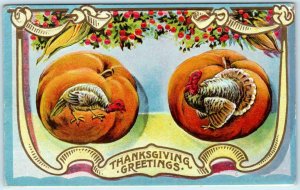 THANKSGIVING GREETINGS  Embossed PUMPKINS & TURKEYS ca 1910s  Postcard