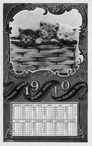 New Year Greetings 1910 Calendar with Kittens in Basket Postcard AA72162