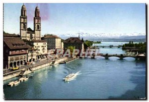 Modern Postcard Zurich und die Alpen Zunfthauser Grossmunster und an der Limmat