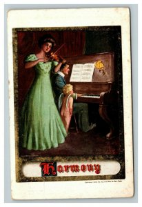 Vintage 1909 Comic Postcard - Husband Plays Piano Wife Violin Cupid Watches