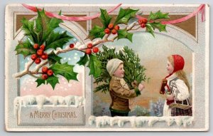 Christmas Greeting Girl With Doll Boy With Tree Postcard U26