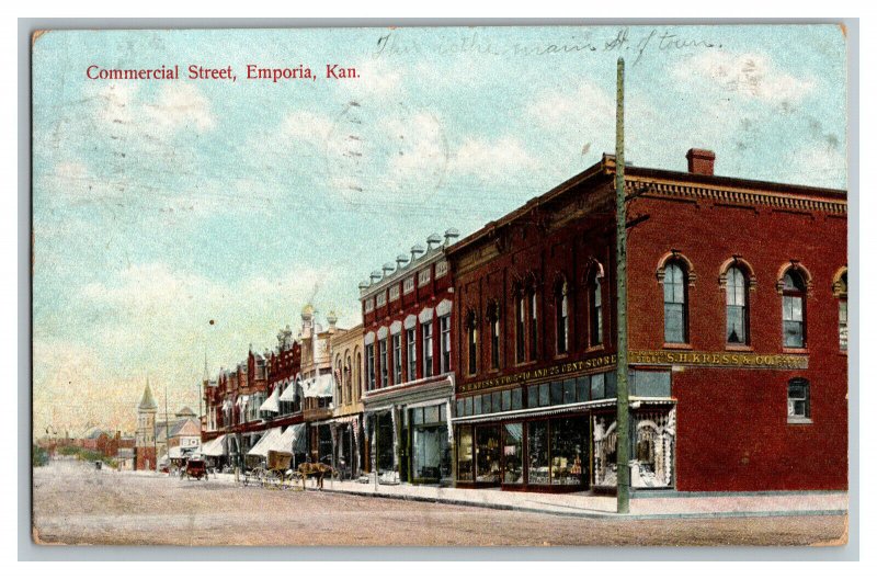 1909 Postcard Commercial Street Emporia Kan. Kansas Vintage Standard View Card 