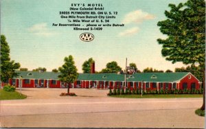 Linen Postcard Evy's Motel 25025 Plymouth Rd on US 12 in Detroit, Michigan
