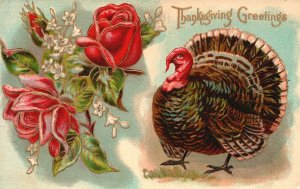 Thanksgiving Greetings Holiday Turkey Roses Vintage Postcard c1910