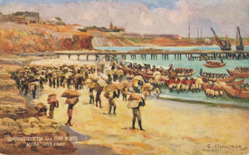 Ghana Loading Cocoa Into Surf Boats Accra Gold Coast VIntage Postcard 06.39